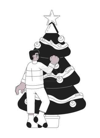 Illustration for African american boy decorating Xmas tree black and white 2D cartoon character. Black male teen holding bauble isolated vector outline person. Hanging christmas monochromatic flat spot illustration - Royalty Free Image