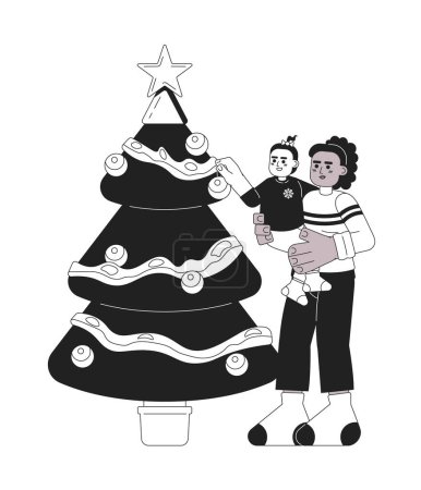 Ilustración de Madre niña decoración árbol de Navidad en blanco y negro personajes de dibujos animados 2D. Afro-americana mamá sosteniendo niño aislado vector contorno personas. Celebra la ilustración monocromática de punto plano de Navidad - Imagen libre de derechos