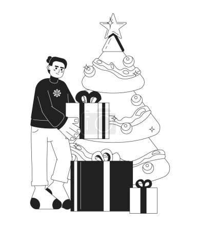 Téléchargez les illustrations : Homme hispanique empilant des cadeaux sous l'arbre de Noël noir et blanc personnage de dessin animé 2D. Pull gars latino-américain isolé vecteur contour personne. Préparation de Noël illustration monochromatique de tache plane - en licence libre de droit