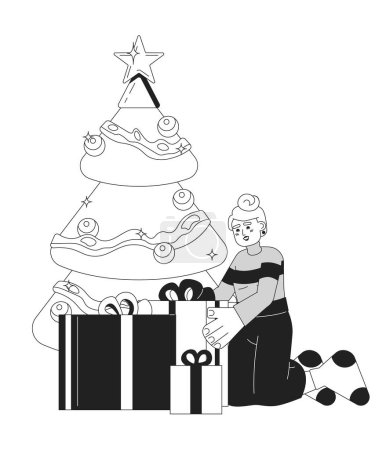 Téléchargez les illustrations : Femme blanche enveloppant des cadeaux sous l'arbre de Noël noir et blanc personnage de dessin animé 2D. Emballage femelle présente contour vectoriel isolé personne. Préparation de Noël illustration monochromatique point plat - en licence libre de droit