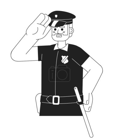Ilustración de Caucásico barbudo policía hombre negro y blanco personaje de dibujos animados 2D. Sheriff europeo policía aislado vector contorno persona. Hombre adulto policía saludando monocromático plano punto ilustración - Imagen libre de derechos