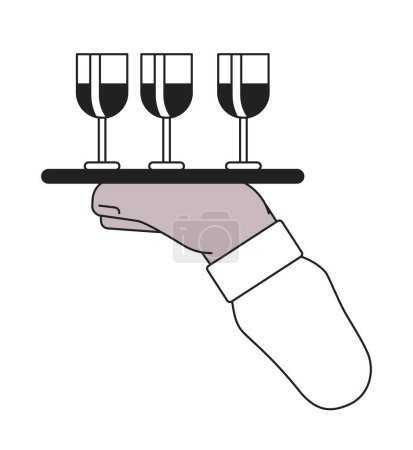 Illustration for Wine glasses tray holding cartoon hand outline illustration. Drinks wineglasses 2D isolated black and white vector image. Fine dining waiter. Beverages serving flat monochromatic drawing clip art - Royalty Free Image