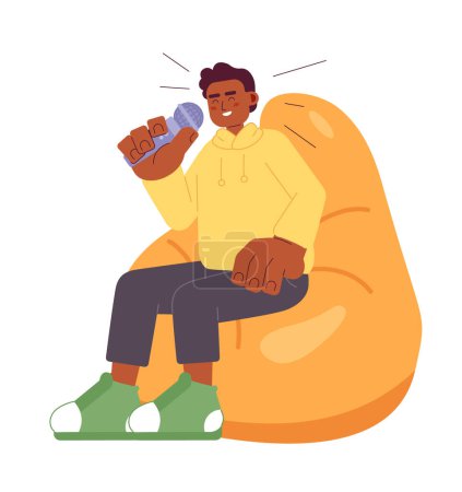 Ilustración de Risas afroamericano hombre beanbag silla 2D personaje de dibujos animados. Tv show host adulto negro chico sosteniendo micro aislado vector persona blanco fondo. Comediante riéndose color plano punto ilustración - Imagen libre de derechos