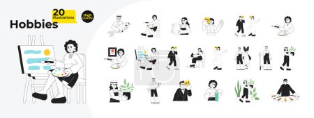 Illustration for Hobbies leisure activity black and white cartoon flat illustration bundle. Hobbyists diverse people linear 2D characters isolated. Painter, actor, fisherman monochromatic vector image collection - Royalty Free Image