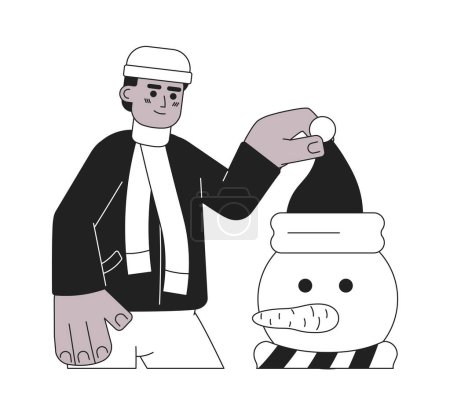 Téléchargez les illustrations : Homme afro-américain décoration bonhomme de neige Noël noir et blanc personnage de dessin animé 2D. Homme noir tenant santa chapeau isolé vecteur contour personne. Illustration de tache plate monochrome de la veille de Noël - en licence libre de droit