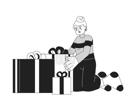 Téléchargez les illustrations : Dame blanche emballage cadeaux pour Noël noir et blanc personnage de dessin animé 2D. Femme européenneboîtes cadeaux isolé vecteur contour personne. Illustration de Noël monochromatique point plat - en licence libre de droit