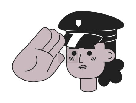 Ilustración de Oficial de policía afroamericana saludando ilustración avatar vectorial 2D en blanco y negro. Negro policía contorno de dibujos animados cara de personaje aislado. Imagen de perfil de usuario plano funcionario, retrato - Imagen libre de derechos