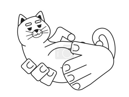 Illustration for Curled up cat holding cartoon hands outline illustration. Shelter adopted pet. Kitten cute 2D isolated black and white vector image. Animal upside down in hands flat monochromatic drawing clip art - Royalty Free Image