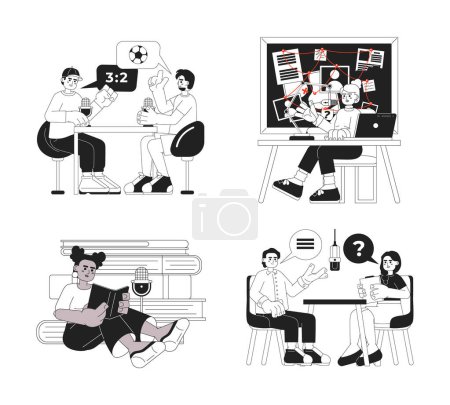 Illustration for Blogging podcasts black and white cartoon flat illustration set. Multicultural podcasters with microphones linear 2D characters isolated. Live streaming monochromatic scene vector image collection - Royalty Free Image