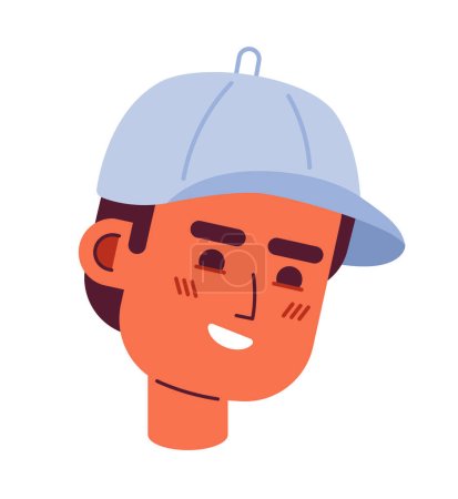 Illustration for Baseball cap man toothy smile 2D vector avatar illustration. Arab guy wearing baseball hat cartoon character face portrait. Sport fan male flat color user profile image isolated on white background - Royalty Free Image