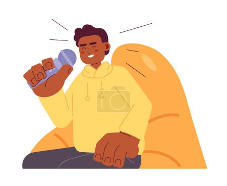Ilustración de Masculino afroamericano presentador de programas de entrevistas personaje de dibujos animados 2D. Joven hombre negro riendo en micrófono aislado vector persona fondo blanco. Bromas divertido animador color plano punto ilustración - Imagen libre de derechos