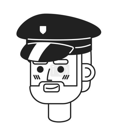 Illustration for Caucasian man police officer hat black and white 2D vector avatar illustration. European policeman detective outline cartoon character face isolated. Law enforcement flat user profile image, portrait - Royalty Free Image