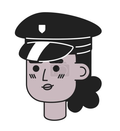 Illustration for African american police officer woman black and white 2D vector avatar illustration. Smiling black policewoman outline cartoon character face isolated. Cop female flat user profile image, portrait - Royalty Free Image