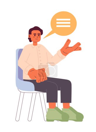 Illustration for South asian job candidate man speaking answering 2D cartoon character. Indian guy interviewee isolated vector person white background. Sitting on chair male making offer color flat spot illustration - Royalty Free Image