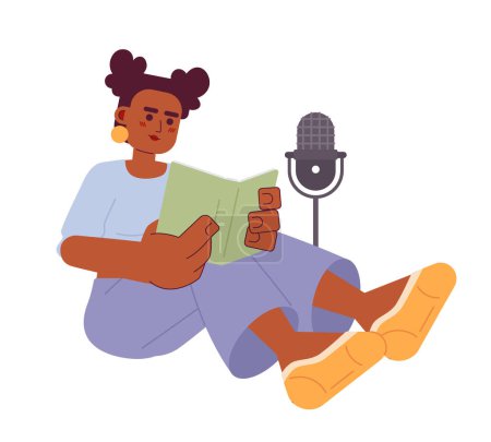 Illustration for African american woman reading book on microphone 2D cartoon character. Black girl audiobook narration isolated vector person white background. Recording voice-over color flat spot illustration - Royalty Free Image