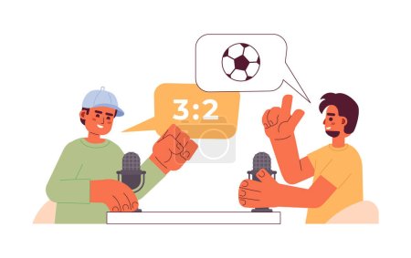 Illustration for Diverse soccer fans discussing match with microphones 2D cartoon characters. Podcast sports announcers isolated vector people white background. Mic commentators color flat spot illustration - Royalty Free Image