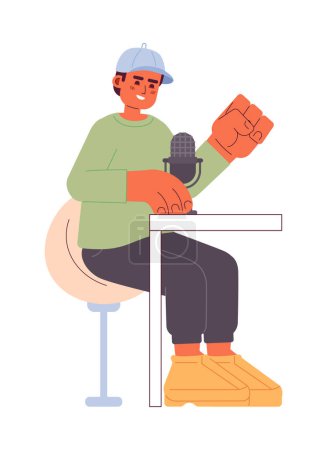 Illustration for Baseball cap man speaking into microphone podcast 2D cartoon character. Casual clothing male sitting at table isolated vector person white background. Radio announcer color flat spot illustration - Royalty Free Image