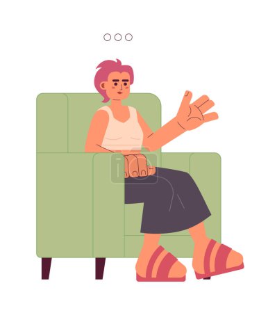 Illustration for Sitting armchair woman talking 2D cartoon character. Japanese adult female participating in conversation isolated vector person white background. Psychology counselor color flat spot illustration - Royalty Free Image