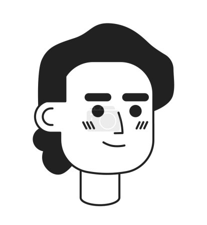 Illustration for Indian adult man ponytail black and white 2D vector avatar illustration. Amused happy south asian guy cheerful outline cartoon character face isolated. Positive flat user profile image, portrait - Royalty Free Image