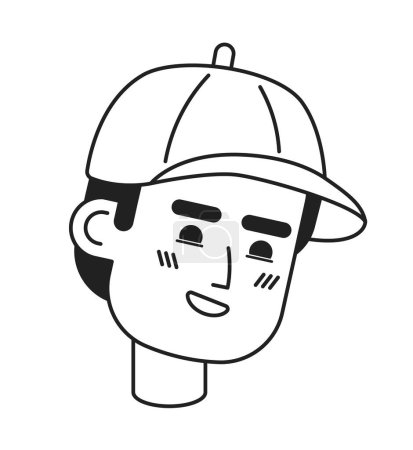 Illustration for Baseball cap man toothy smile black and white 2D vector avatar illustration. Arab guy wearing baseball hat outline cartoon character face isolated. Sport fan male flat user profile image, portrait - Royalty Free Image