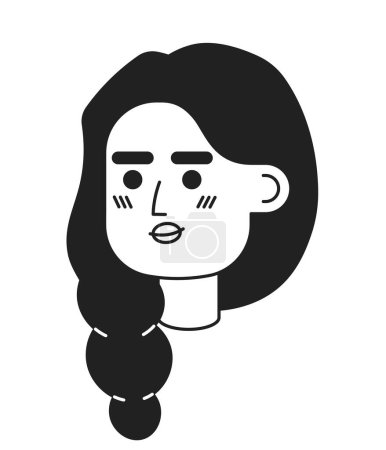 Illustration for South asian adult woman braided hair black and white 2D vector avatar illustration. French braid indian female outline cartoon character face isolated. Nice lady flat user profile image, portrait - Royalty Free Image