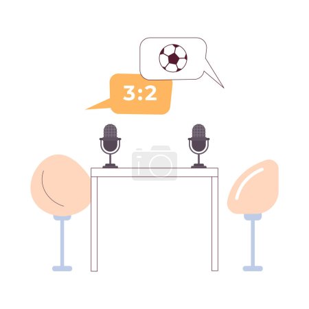 Ilustración de Comentario de fútbol estudio sala de grabación 2D objeto de dibujos animados. Mesa de micrófonos podcast con cómodas sillas aisladas vector elemento fondo blanco. Burbujas de habla de fútbol color plano punto ilustración - Imagen libre de derechos