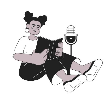 Illustration for African american woman reading book on microphone black and white 2D cartoon character. Black girl audiobook narration isolated vector outline person. Recording monochromatic flat spot illustration - Royalty Free Image