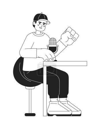 Illustration for Baseball cap man speaking into microphone podcast black and white 2D cartoon character. Male sitting at table isolated vector outline person. Radio announcer monochromatic flat spot illustration - Royalty Free Image
