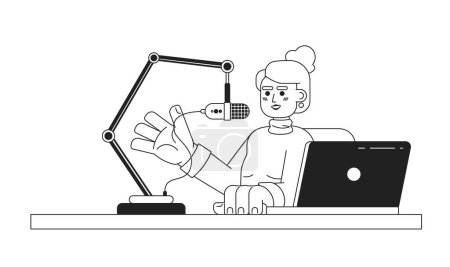 Ilustración de Mujer caucásica hablando micrófono soporte portátil negro y blanco personaje de dibujos animados 2D. Programa de radio anfitrión joven adulto hembra aislado vector contorno persona. Influenciador monocromático plano punto ilustración - Imagen libre de derechos