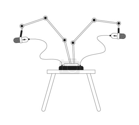 Ilustración de Dos micrófonos en la mesa de café blanco y negro objeto de dibujos animados 2D. Tecnología de difusión aislado elemento contorno vectorial. Estudio de podcasting. Mic stand escritorio monocromático plano punto ilustración - Imagen libre de derechos