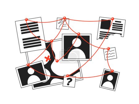 Illustration for Clues investigation wall with red threads black and white 2D cartoon object. Killer murder scheme isolated vector outline item. Detective suspect. Red strings monochromatic flat spot illustration - Royalty Free Image