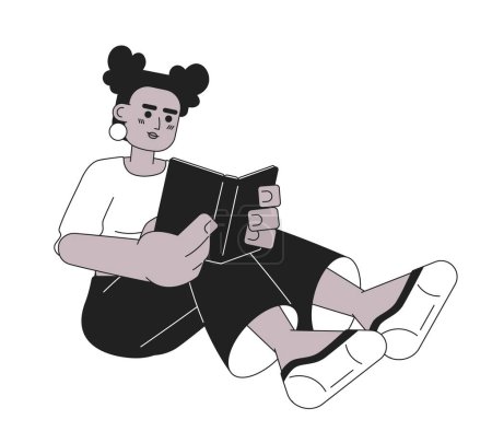 Illustration for African american girl reading book black and white 2D cartoon character. Black young woman sitting with book isolated vector outline person. Bookworm female monochromatic flat spot illustration - Royalty Free Image