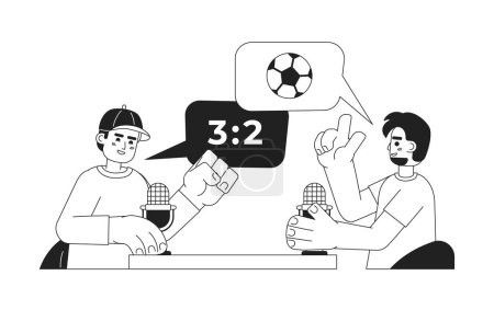 Illustration for Soccer fans discussing match with microphones black and white 2D cartoon characters. Podcast sports announcers isolated vector outline people. Mic commentators monochromatic flat spot illustration - Royalty Free Image