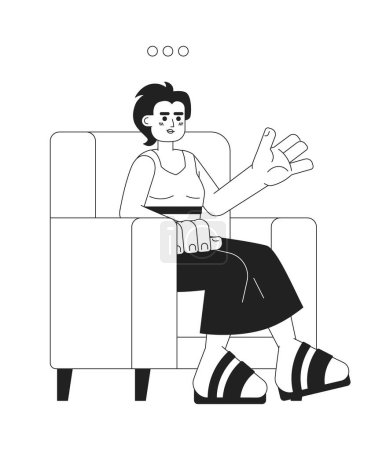 Illustration for Sitting armchair woman talking black and white 2D cartoon character. Japanese adult female participating in conversation isolated vector outline person. Counselor monochromatic flat spot illustration - Royalty Free Image