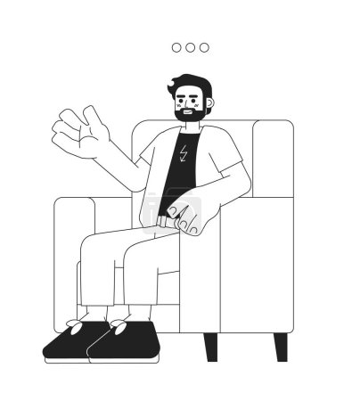 Illustration for Armchair caucasian male therapy client black and white 2D cartoon character. Conversation expert adult man isolated vector outline person. Psychotherapy visit monochromatic flat spot illustration - Royalty Free Image