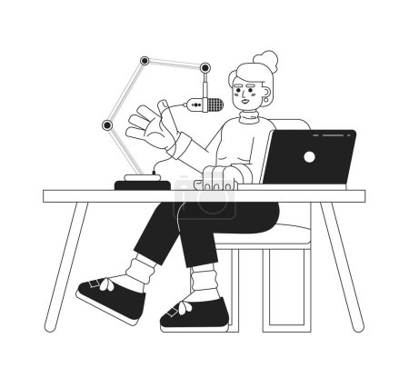 Illustration for European woman speaking into mic stand notebook desk black and white 2D cartoon character. Radio personality caucasian female isolated vector outline person. Monochromatic flat spot illustration - Royalty Free Image