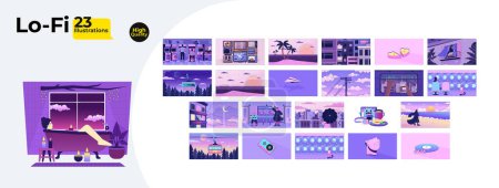 Illustration for Sad nostalgia night time lofi wallpapers bundle. Nostalgic vintage. Dreamy vibes 2D scenes cartoon flat illustrations collection. Retro style chill vector art, lo fi aesthetic colorful backgrounds - Royalty Free Image