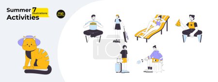 Illustration for Summertime people line cartoon flat illustration bundle. Summer travelers diversity 2D lineart characters isolated on white background. Vacation overseas, camping picnic vector color image collection - Royalty Free Image