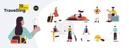 Illustration for Multicultural tourists travelers line cartoon flat illustration bundle. Summer adventure people 2D lineart characters isolated on white background. Vacationers vector color image collection - Royalty Free Image