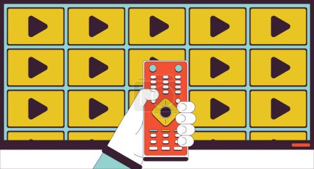 Illustration for Streaming media on tv line cartoon flat illustration. Push button remote control 2D lineart character hand on television screen background. Television channels video choosing scene vector color image - Royalty Free Image