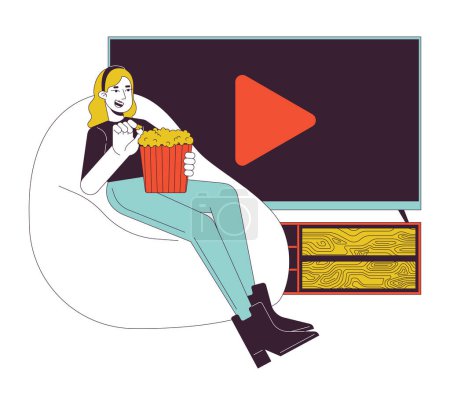 Illustration for Home cinema popcorn line cartoon flat illustration. Caucasian girl on beanbag chair eating popcorn 2D lineart character isolated on white background. Watching movie stream scene vector color image - Royalty Free Image