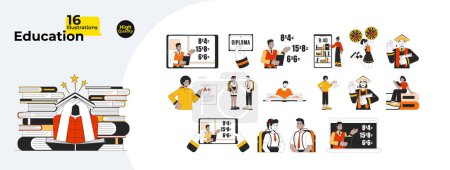 Illustration for Education studying line cartoon flat illustration bundle. Diverse people school college students 2D lineart characters isolated on white background. Distance learning vector color image collection - Royalty Free Image