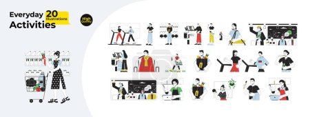 Illustration for Daily life activities line cartoon flat illustration bundle. Caucasian, asian people routine lifestyle 2D lineart characters isolated on white background. Everyday tasks vector color image collection - Royalty Free Image