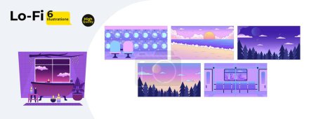 Illustration for Purple pink nostalgic 2D cartoon backgrounds bundle. Cityscape, landscape. Nature, urban interior colorful aesthetic vector illustrations collection, nobody. Cozy flat line wallpapers art, lofi images - Royalty Free Image