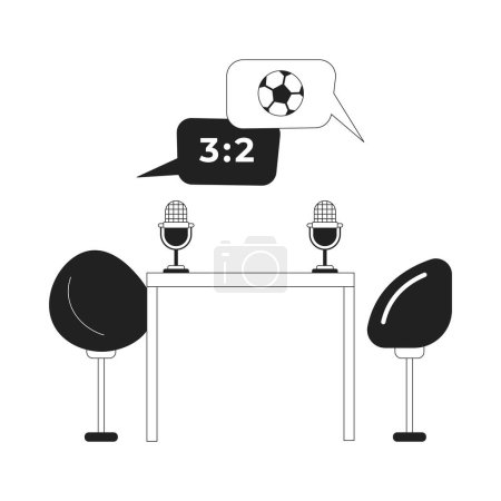 Illustration for Football commentary studio recording room black and white 2D cartoon object. Podcast microphones table chairs isolated vector outline item. Soccer speech bubbles monochromatic flat spot illustration - Royalty Free Image