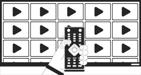 Illustration for Streaming media on tv black and white cartoon flat illustration. Push button remote control 2D lineart character hand. Television channels video choosing monochrome scene vector outline image - Royalty Free Image