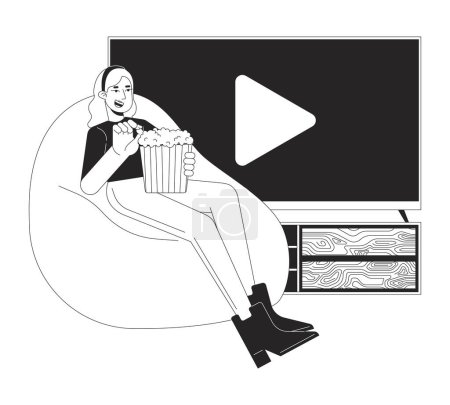Illustration for Home cinema popcorn black and white cartoon flat illustration. Caucasian girl on beanbag chair eating popcorn 2D lineart character isolated. Watching movie stream monochrome scene vector outline image - Royalty Free Image