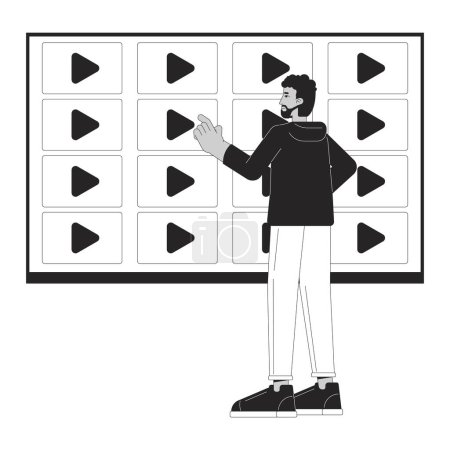 Illustration for Streaming video service black and white cartoon flat illustration. Black man selecting channel on multimedia tv 2D lineart character isolated. Video library monochrome scene vector outline image - Royalty Free Image