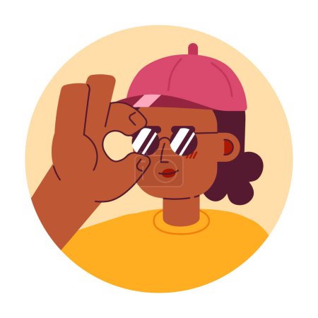 Illustration for Baseball cap black woman wears sunglasses 2D vector avatar illustration. Trendy african american girl cartoon character face portrait. Express yourself flat color user profile image isolated on white - Royalty Free Image