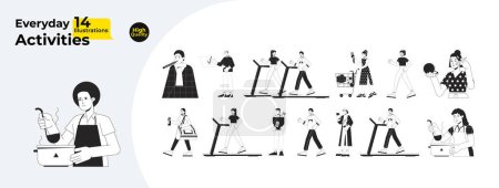 Illustration for Daily routine black and white cartoon flat illustration bundle. Caucasian, asian adults 2D lineart characters isolated. Time for yourself, shopping, cooking monochrome vector outline image collection - Royalty Free Image